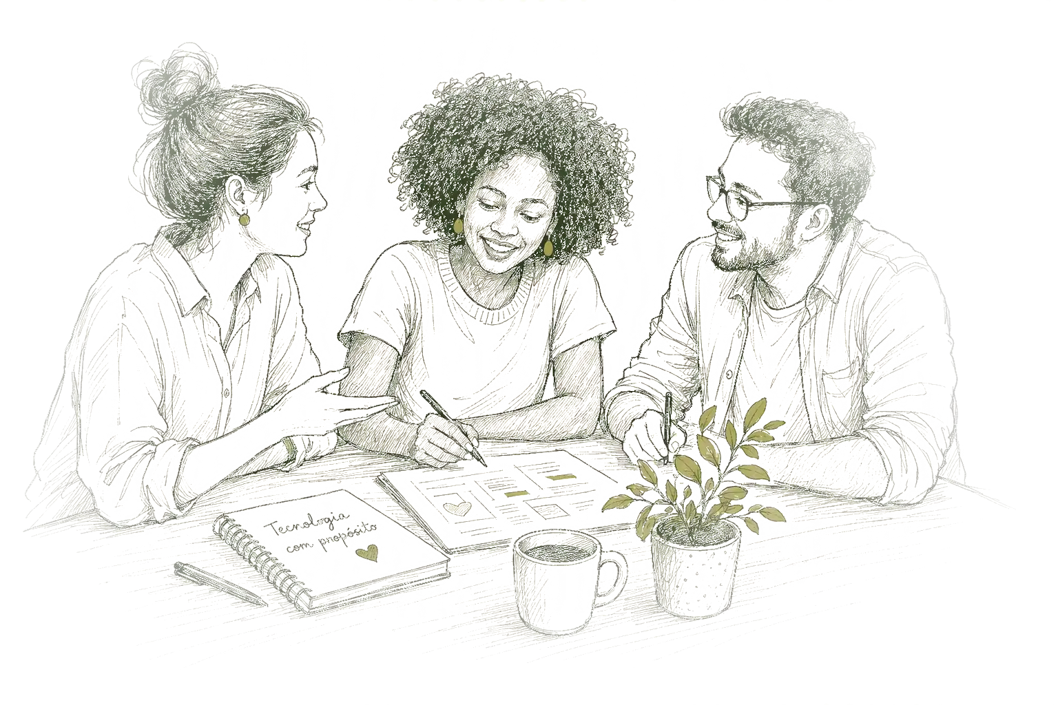 Ilustração: três pessoas conversando em volta de uma mesa, com cadernos, papeis e um café.